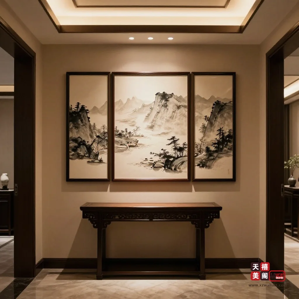 新中式玄关挂画怎么选？竖版立轴尺寸、留白比例与深木框的搭配逻辑