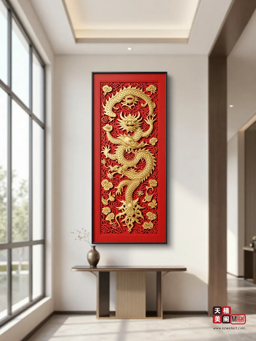 新中式玄关挂画尺寸怎么定？竖版立轴比例、端景墙与灯光